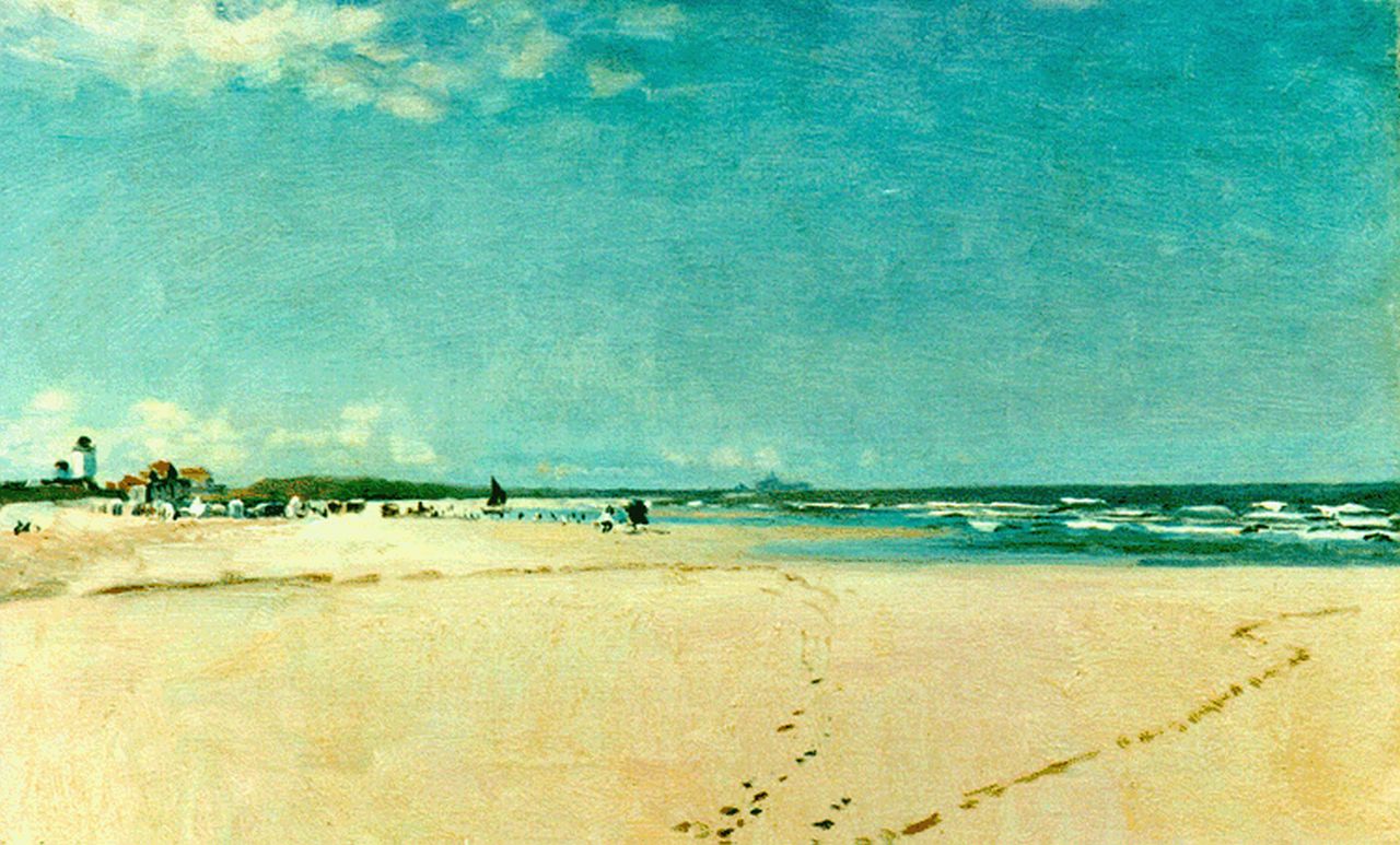 Oerder F.D.  | 'Frans' David Oerder, Katwijkse strand met i.d. verte Scheveningen, olieverf op doek 35,0 x 55,5 cm, gesigneerd linksonder
