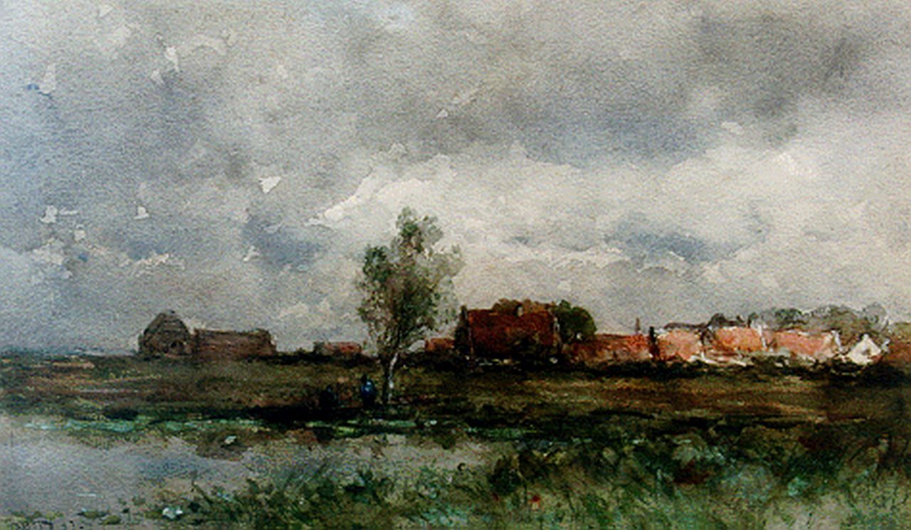 Roelofs W.  | Willem Roelofs, Dorpsgezicht met bewolkte hemel, aquarel op papier 30,4 x 51,1 cm, gesigneerd linksonder