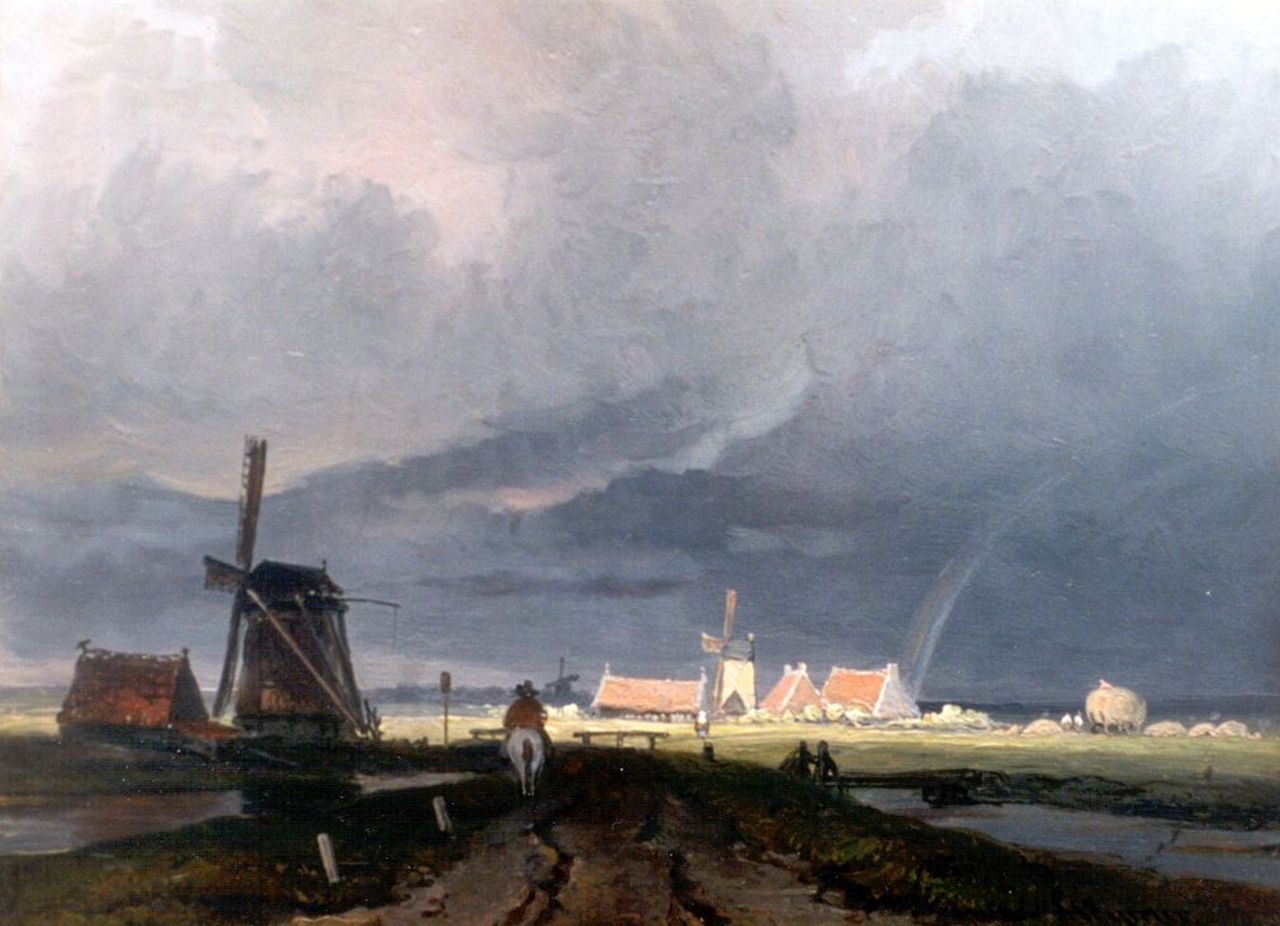 Eymer A.J.  | Arnoldus Johannes Eymer, Ruiter op een pad bij een molen, olieverf op paneel 18,1 x 24,8 cm, gesigneerd rechtsonder
