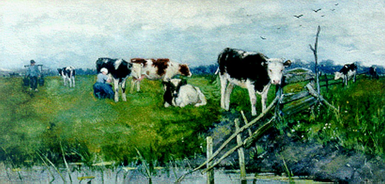 Poggenbeek G.J.H.  | George Jan Hendrik 'Geo' Poggenbeek, Melkmeid en boer in weiland bij koeien, aquarel op papier 21,6 x 44,3 cm, gesigneerd rechtsonder