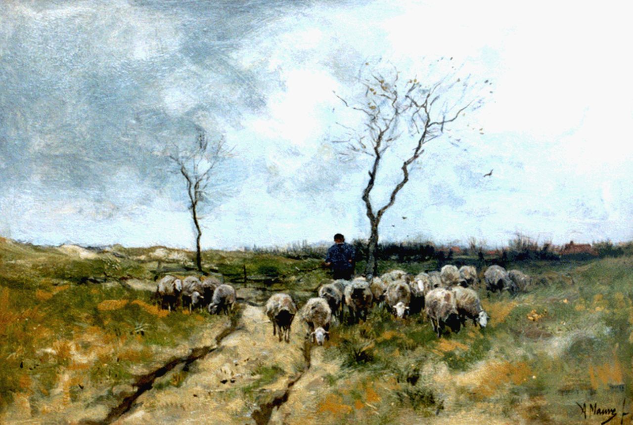 Mauve A.  | Anthonij 'Anton' Mauve, Schaapherder met zijn kudde op de Larense hei, olieverf op doek 42,9 x 63,8 cm, gesigneerd rechtsonder