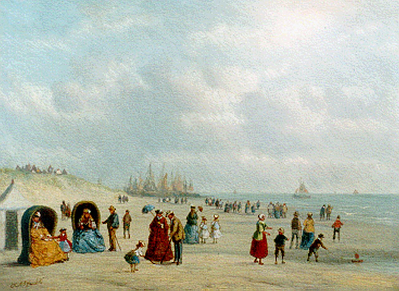 Ahrendts C.E.  | Carl Eduard Ahrendts, Vissersvolk en badgasten op het strand, olieverf op paneel 16,8 x 22,5 cm, gesigneerd linksonder