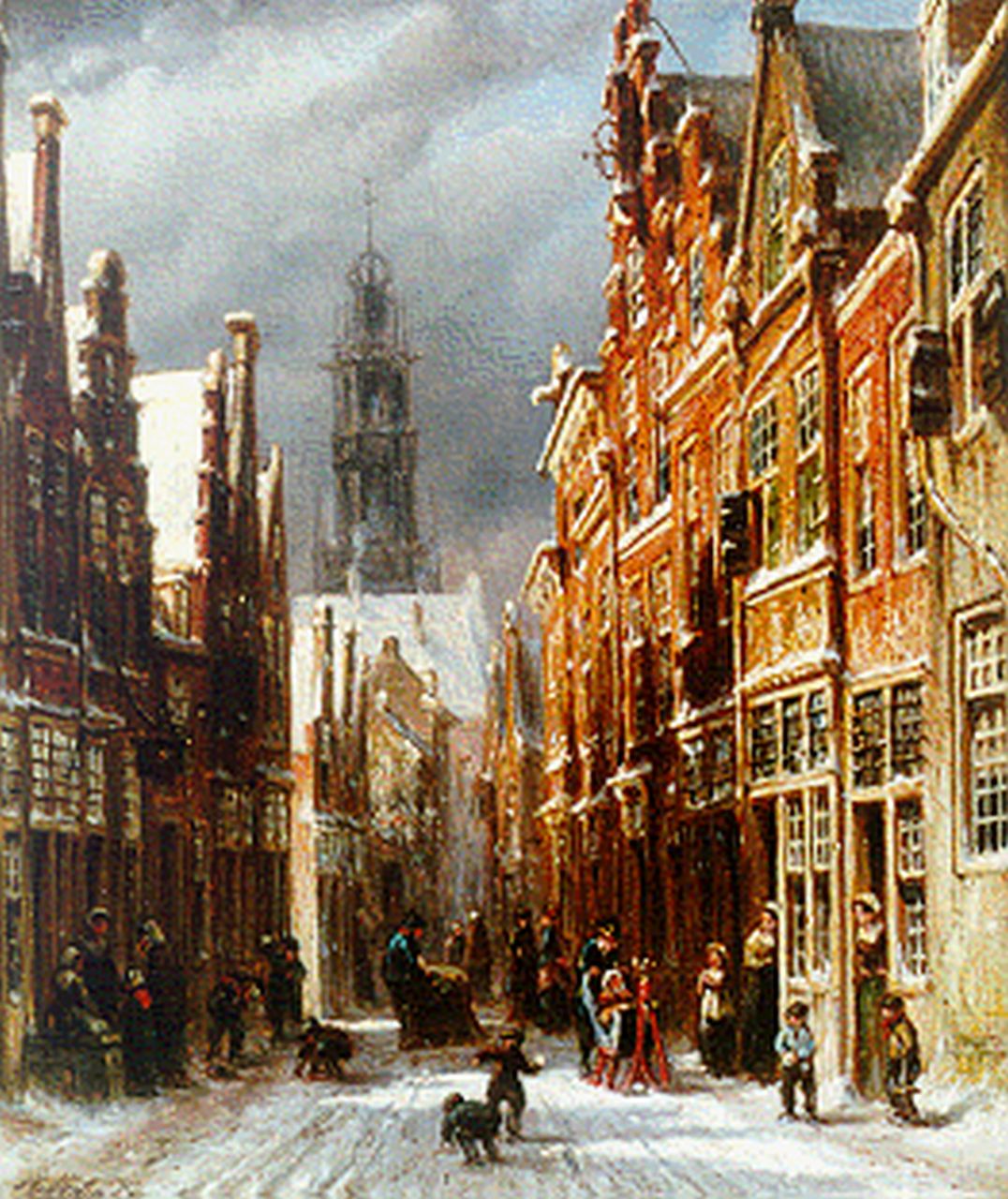 Vertin P.G.  | Petrus Gerardus Vertin, Winters straatje met de Bakenessekerk, Haarlem, olieverf op paneel 25,4 x 21,2 cm, gesigneerd linksonder