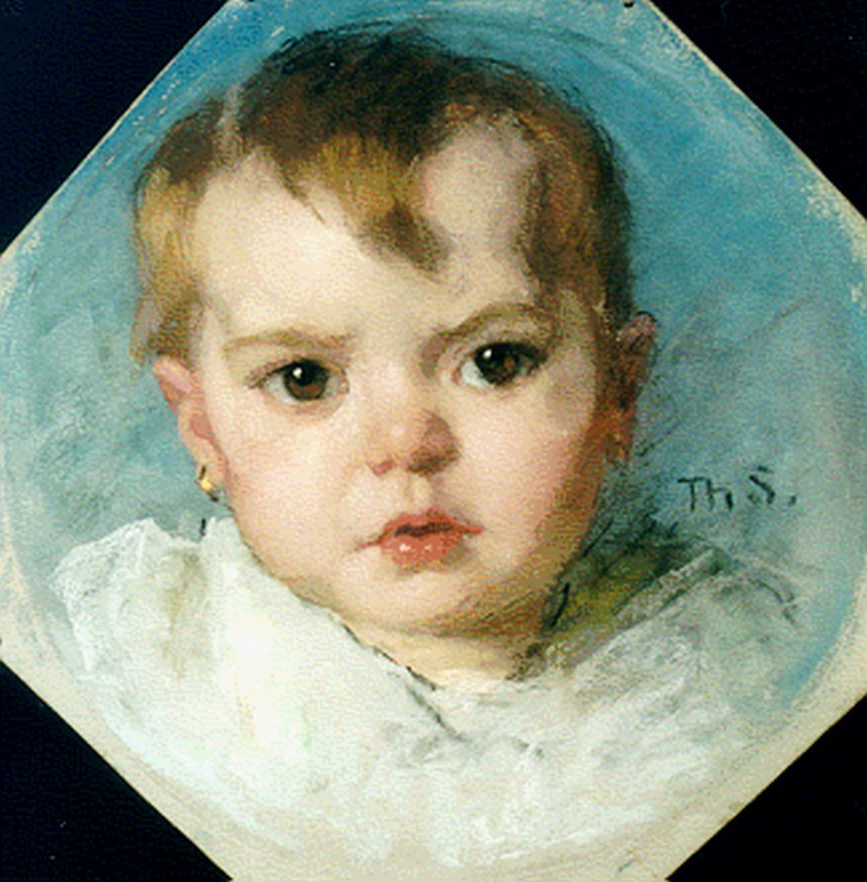 Schwartze T. | Thérèse Schwartze, Kinderportretje, pastel op papier 25,4 x 25,4 cm, gesigneerd rechts van het midden initialen Schwartze T. | Thérèse Schwartze, Kinderportretje, pastel op papier 25,4 x 25,4 cm, gesigneerd rechts van het midden initialen