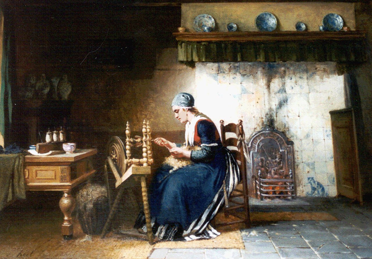 Kool S.C.  | Sipke 'Cornelis' Kool, Boereninterieur met vrouw bij een spinnewiel, olieverf op doek 58,8 x 82,4 cm, gesigneerd linksonder