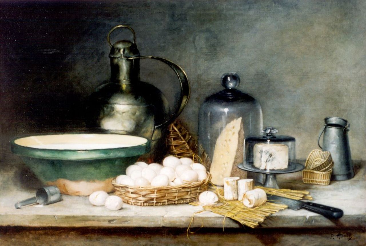 Attendu A.F.  | Antoine Ferdinand Attendu, Stilleven met tinnen kan, olieverf op doek 85,4 x 120,2 cm, gesigneerd rechtsonder