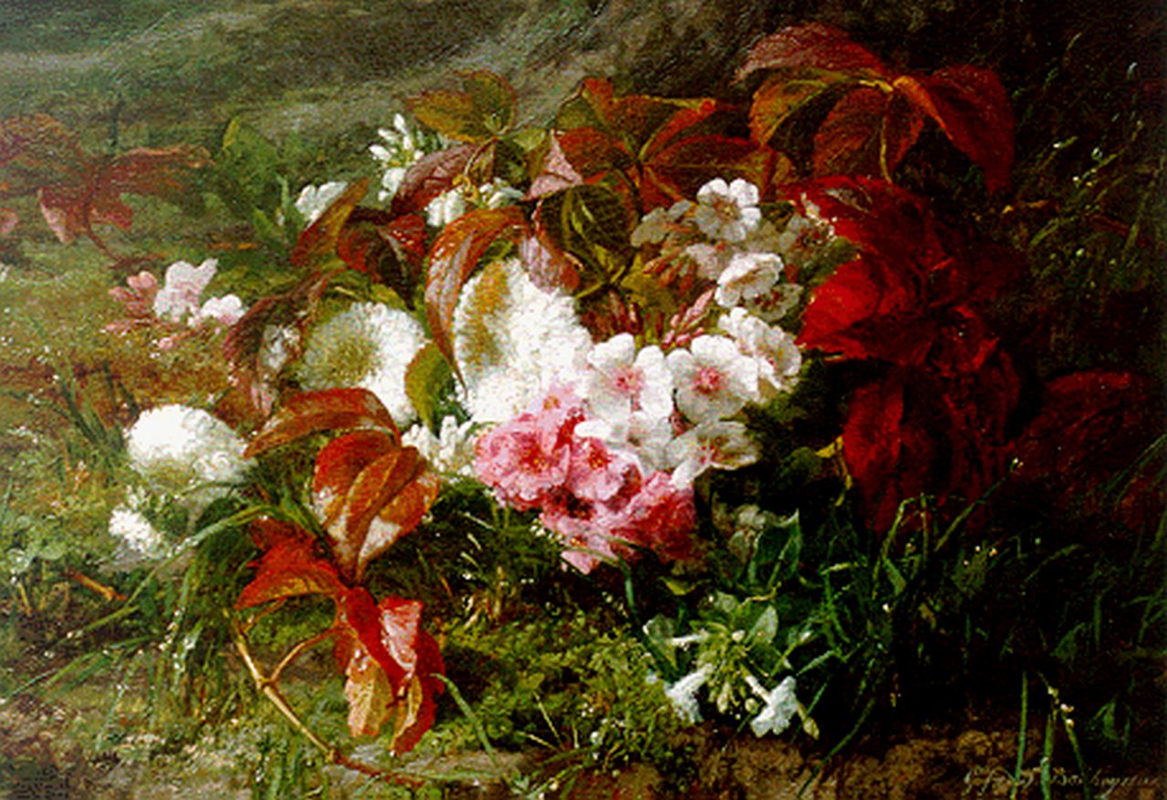Sande Bakhuyzen G.J. van de | 'Gerardine' Jacoba van de Sande Bakhuyzen, Primula's, floxen en asters op een bosgrond, olieverf op doek 34,4 x 47,2 cm, gesigneerd rechtsonder