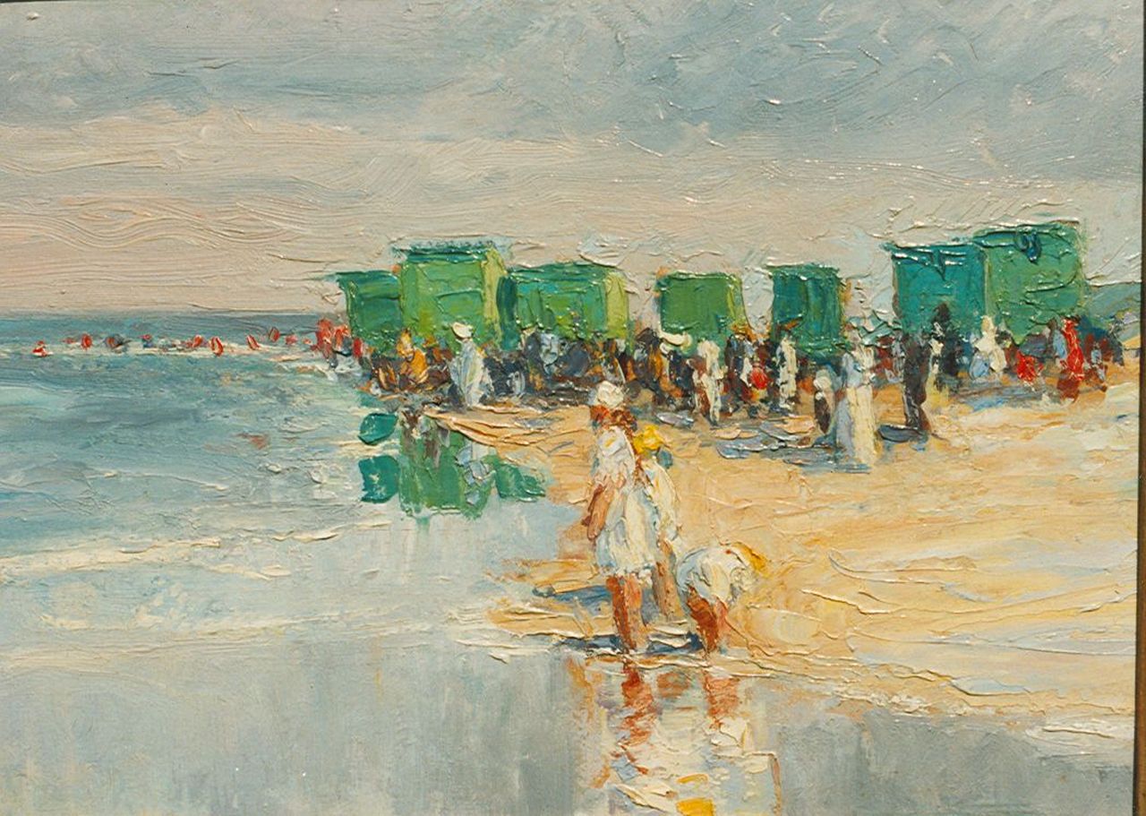 Oswald F.  | Fritz Oswald, Het strand van Noordwijk, 24,4 x 33,3 cm, gesigneerd achterz.