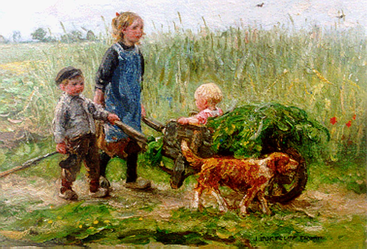 Zoetelief Tromp J.  | Johannes 'Jan' Zoetelief Tromp, Kinderen met hond in het veld, olieverf op paneel 23,7 x 34,0 cm, gesigneerd rechtsonder