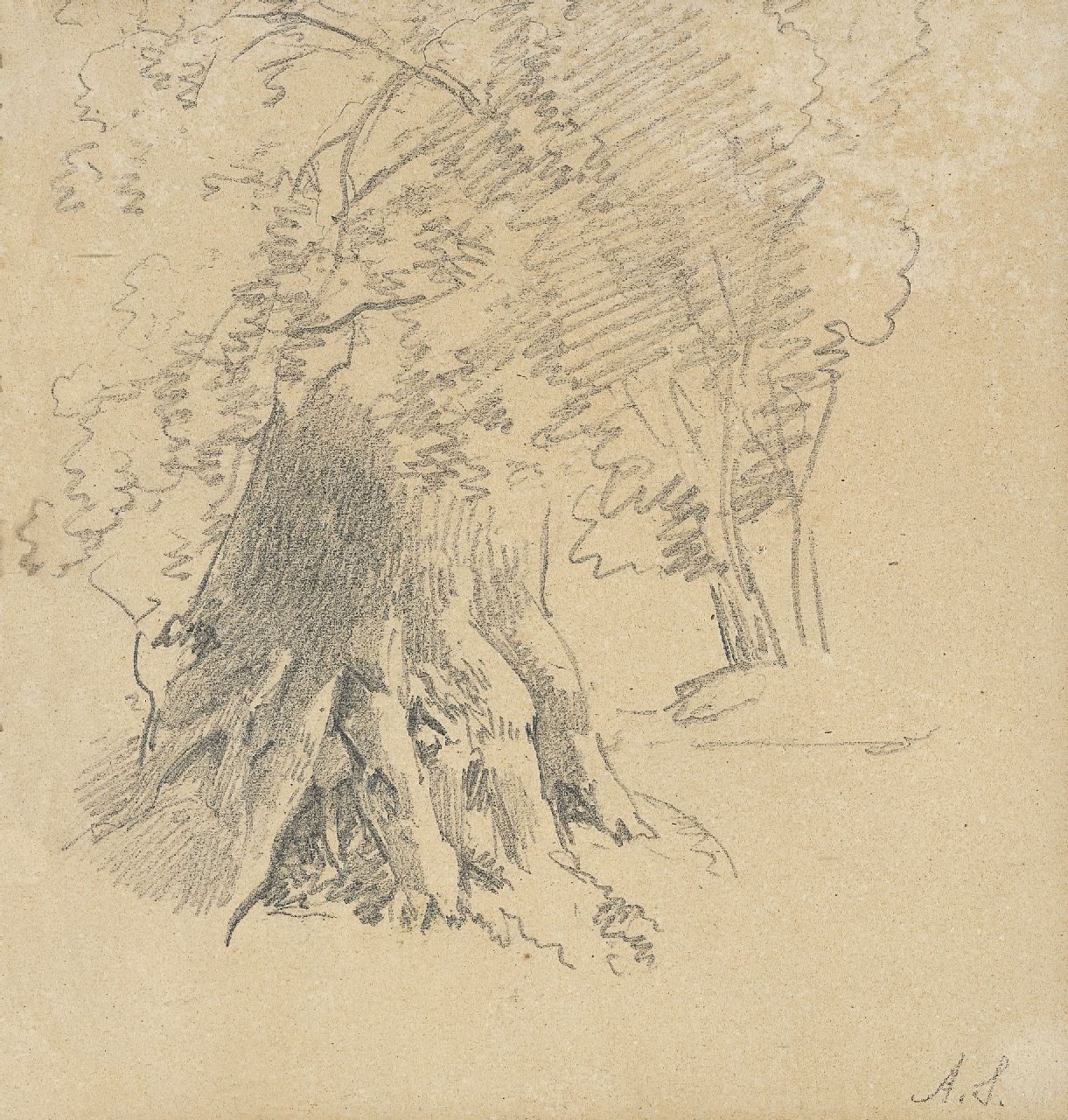 Schelfhout A.  | Andreas Schelfhout, Boomstudie, potlood op papier 17,9 x 17,4 cm, gesigneerd rechtsonder met initialen