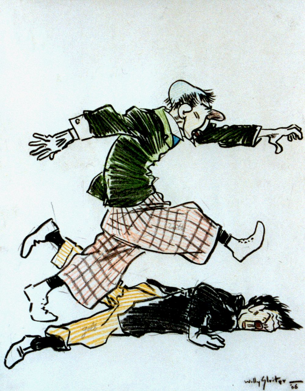 Sluiter J.W.  | Jan Willem 'Willy' Sluiter, Rennende en liggende clown, krijt op papier 23,0 x 18,0 cm, gesigneerd rechtsonder en gedateerd '06