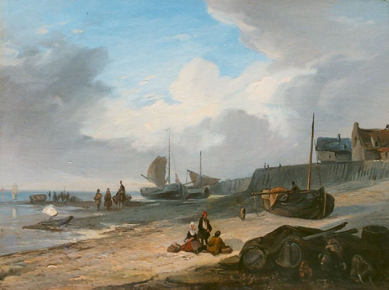 Pelgrom J.  | Jacobus Pelgrom, Kustgezicht met vissersboten op het strand, olieverf op paneel 14,6 x 19,5 cm, gesigneerd m.r.