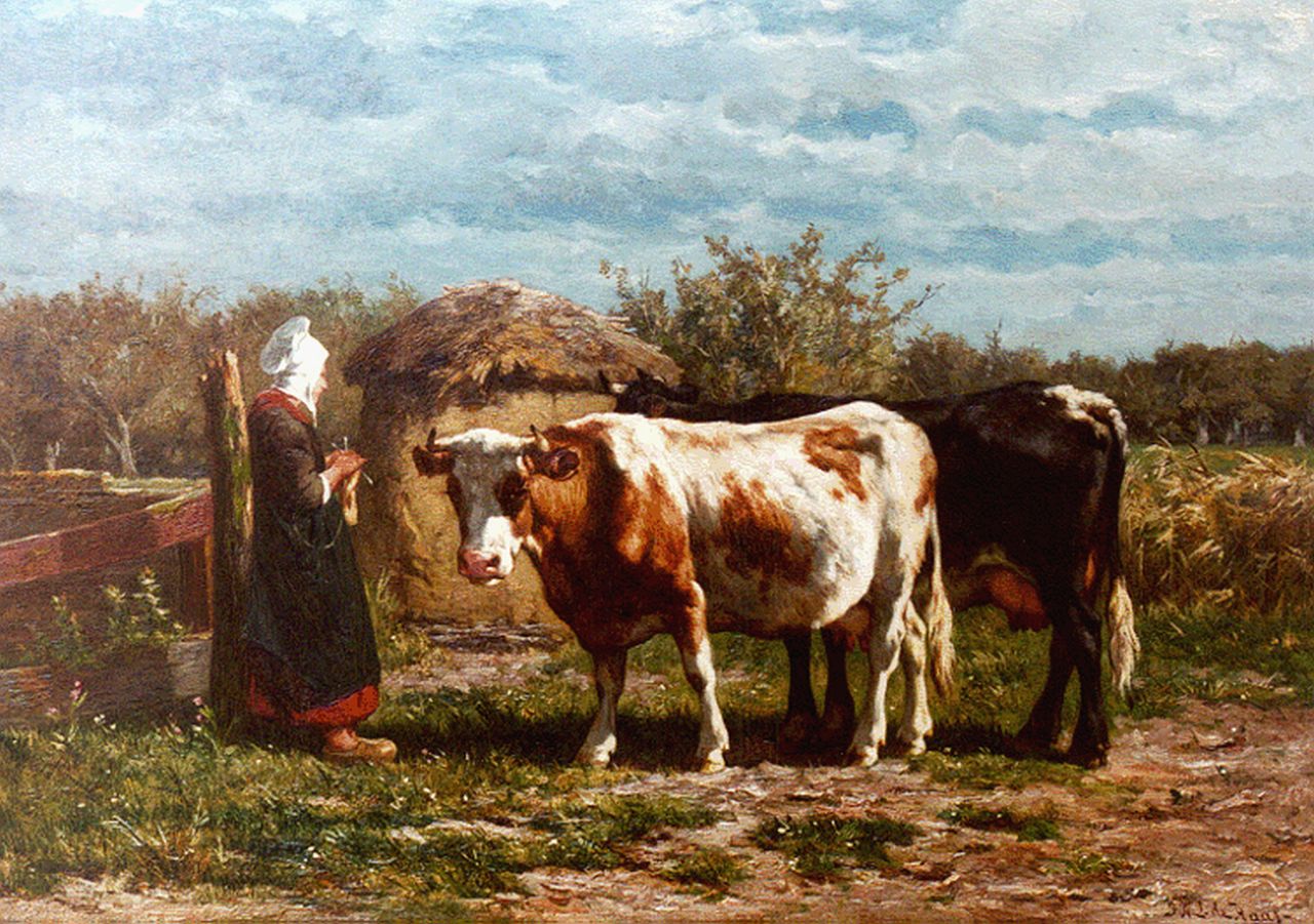 Haas J.H.L. de | Johannes Hubertus Leonardus de Haas, Boerin met koeien in de wei, olieverf op paneel 44,7 x 63,0 cm, gesigneerd rechtsonder
