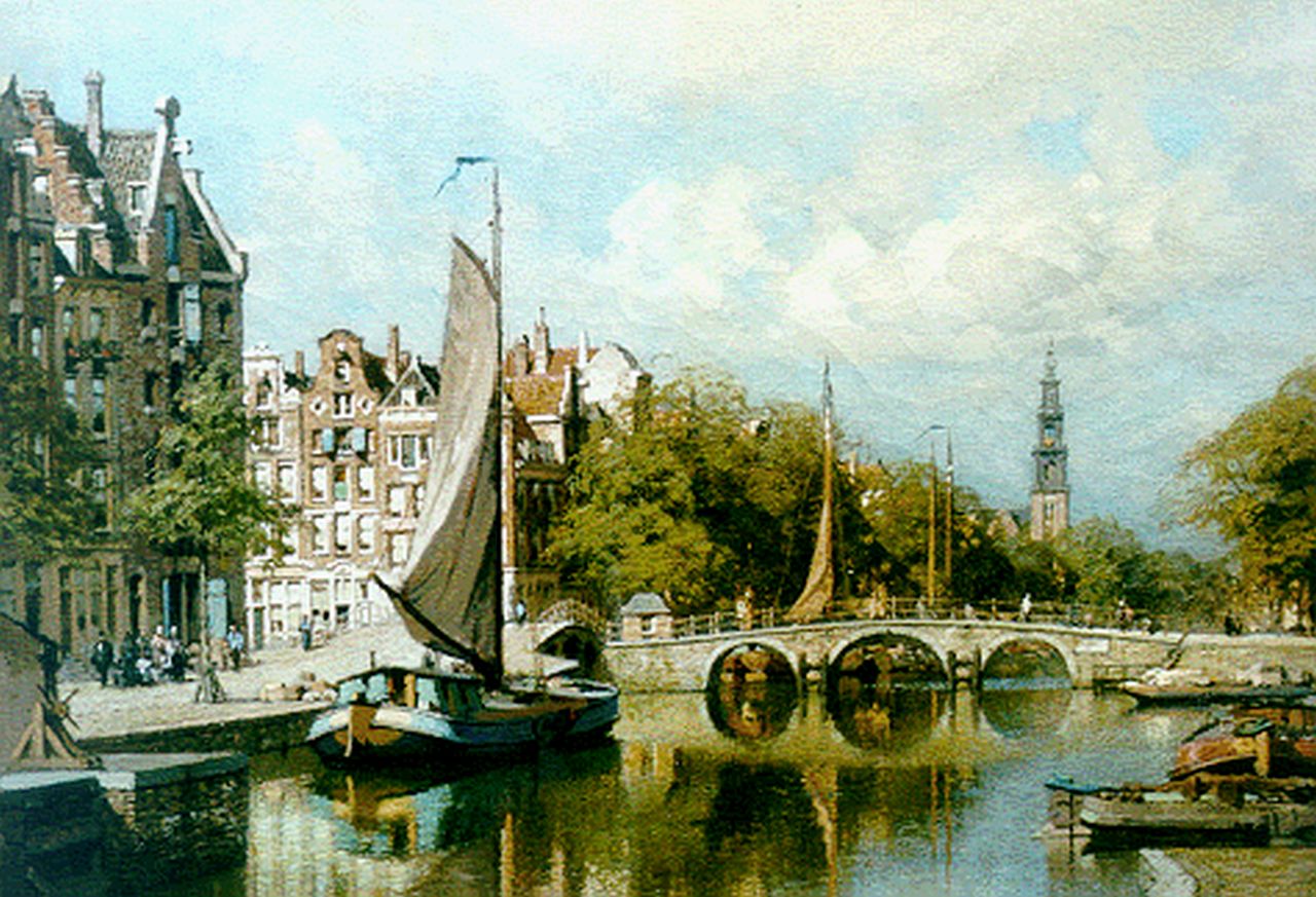 Klinkenberg J.C.K.  | Johannes Christiaan Karel Klinkenberg, Amsterdamse gracht met afgemeerde platbodems, olieverf op doek 39,0 x 53,2 cm, gesigneerd rechtsonder