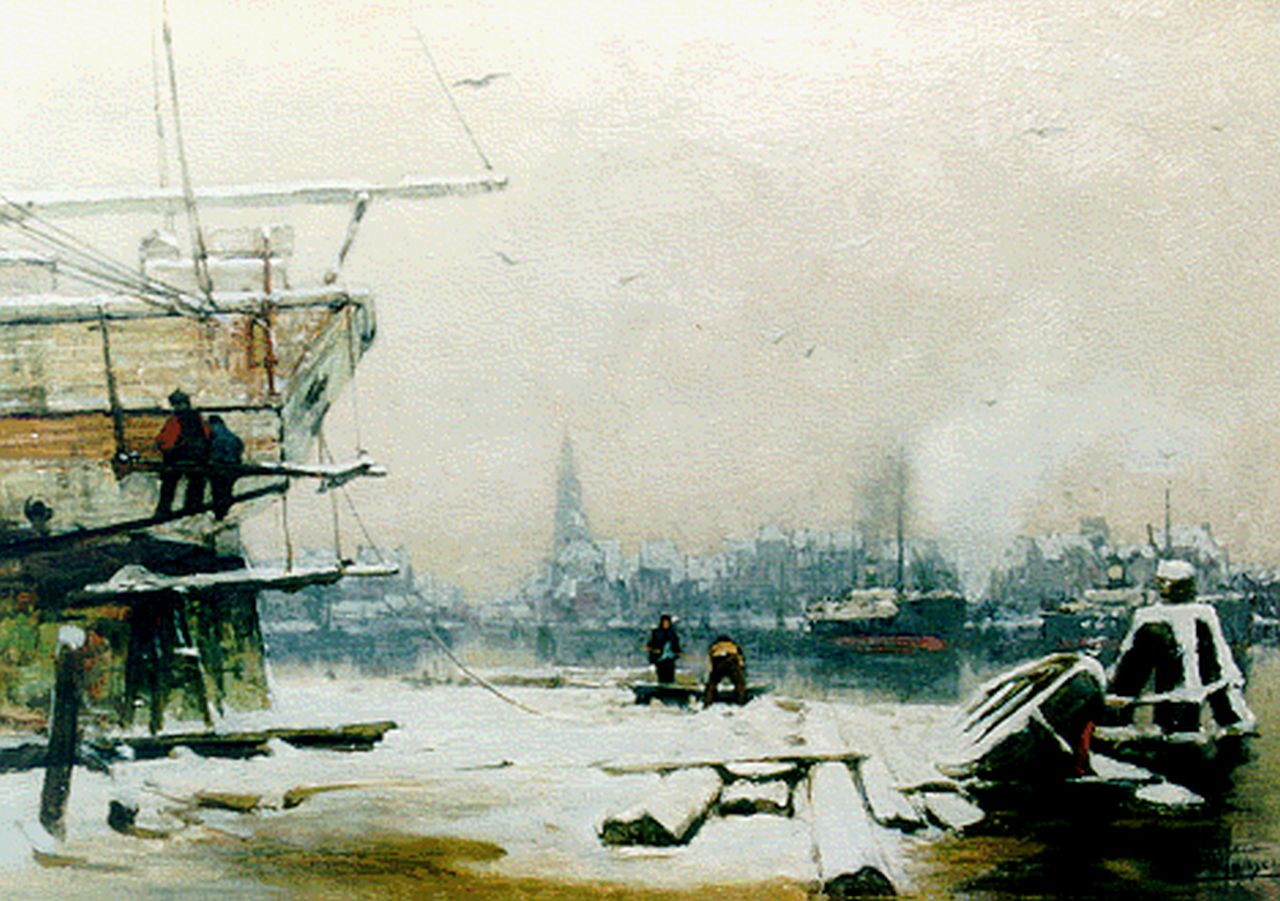 Jansen H.W.  | Hendrik Willebrord Jansen, Winters gezicht op haven Amsterdam, olieverf op doek 41,6 x 57,4 cm, gesigneerd rechtsonder