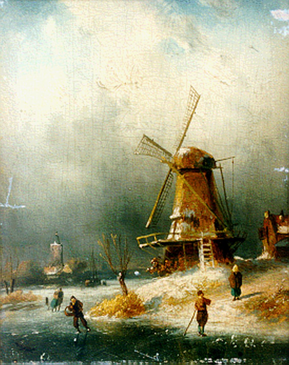 Leickert C.H.J.  | 'Charles' Henri Joseph Leickert, Schaatsers bij een molen, olieverf op paneel 21,2 x 15,7 cm, gesigneerd rechtsonder