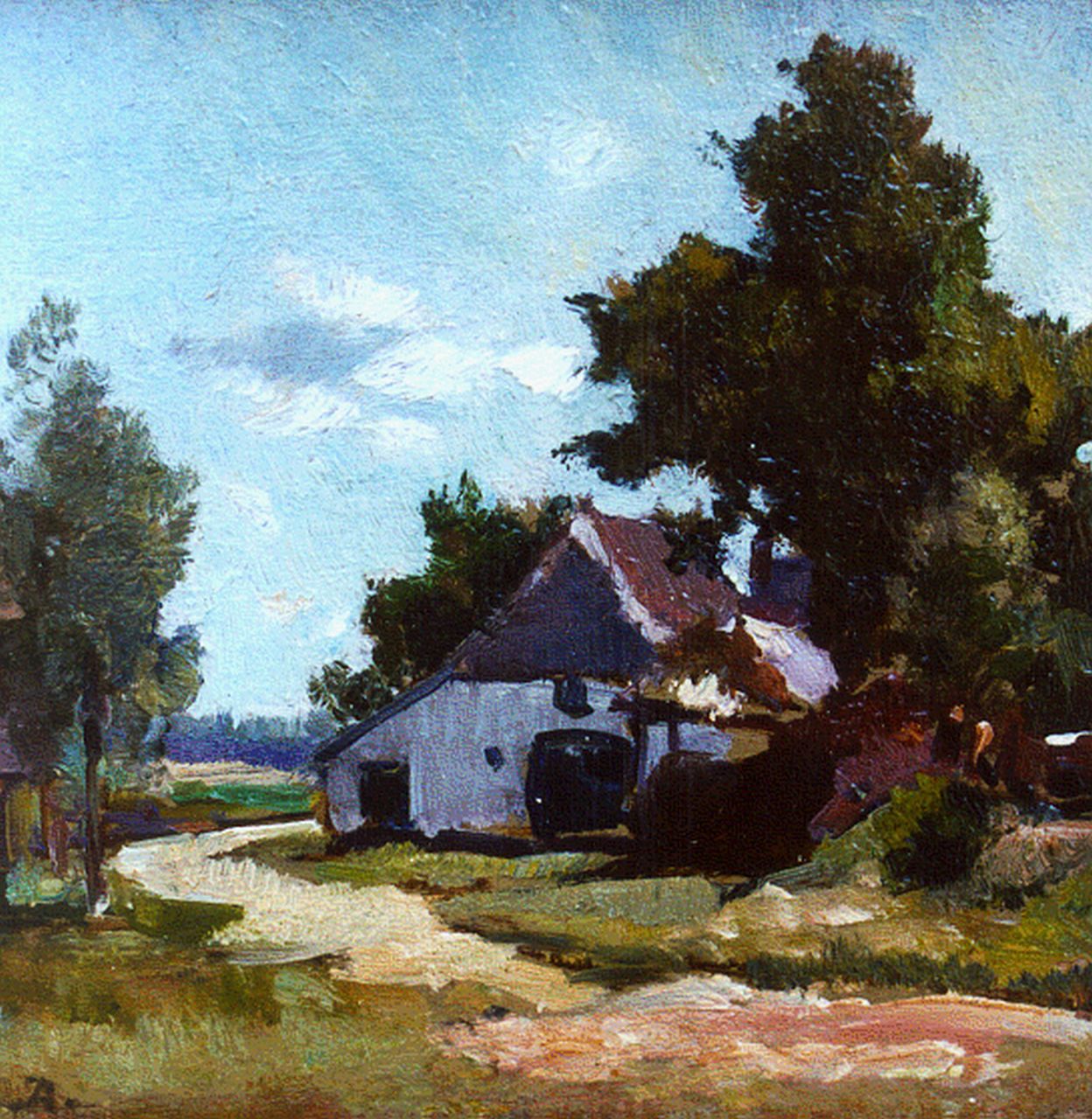 Akkeringa J.E.H.  | 'Johannes Evert' Hendrik Akkeringa, Boerderij in een zomers landschap, olieverf op paneel 12,1 x 12,3 cm, gesigneerd linksonder met monogram