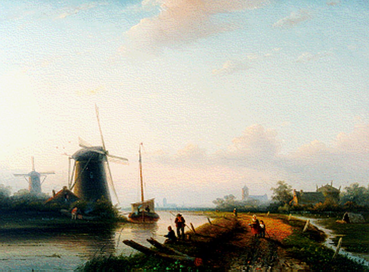 Spohler J.J.  | Jan Jacob Spohler, Zomers riviergezicht bij een molen, olieverf op paneel 34,3 x 46,5 cm, gesigneerd linksonder