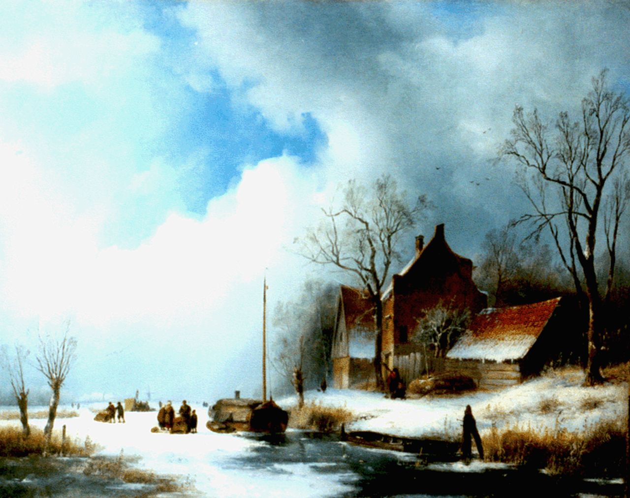 Spohler J.J.  | Jan Jacob Spohler, Boerenhoeve aan een bevroren plas, olieverf op doek 53,8 x 68,8 cm, gesigneerd linksonder en gedateerd A: 1839