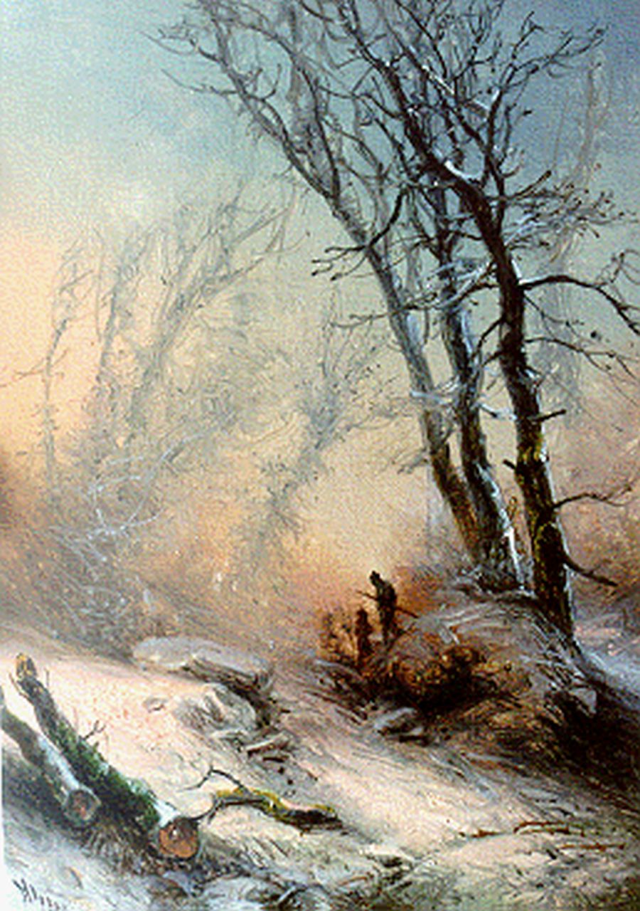 Kluyver P.L.F.  | 'Pieter' Lodewijk Francisco Kluyver, Reizigers in een winters bos, olieverf op paneel 15,4 x 11,3 cm, gesigneerd linksonder