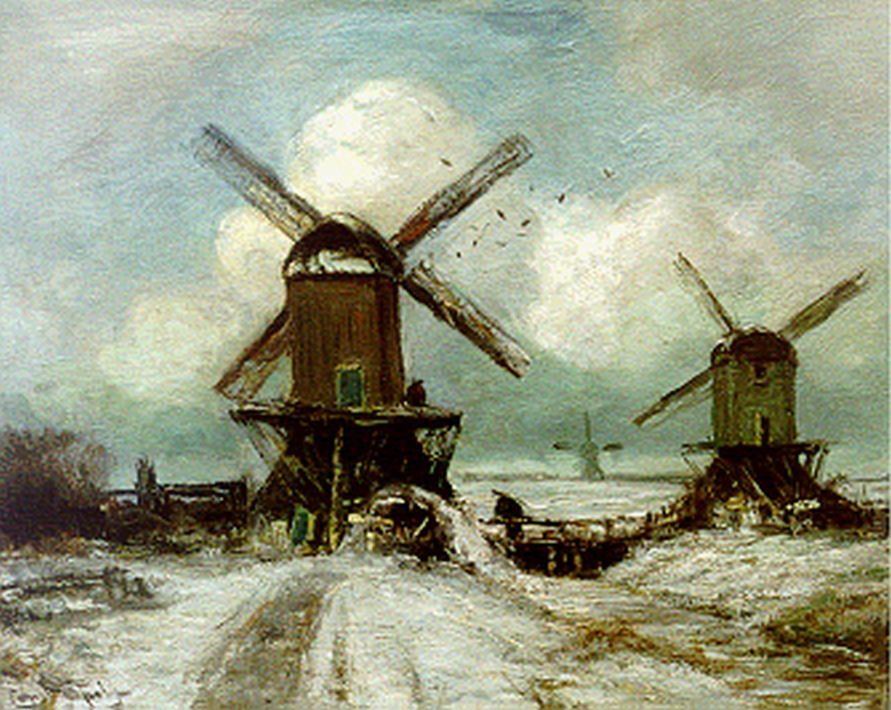 Apol L.F.H.  | Lodewijk Franciscus Hendrik 'Louis' Apol, Windmolens in een besneeuwd landschap, olieverf op doek 40,2 x 50,7 cm, gesigneerd linksonder