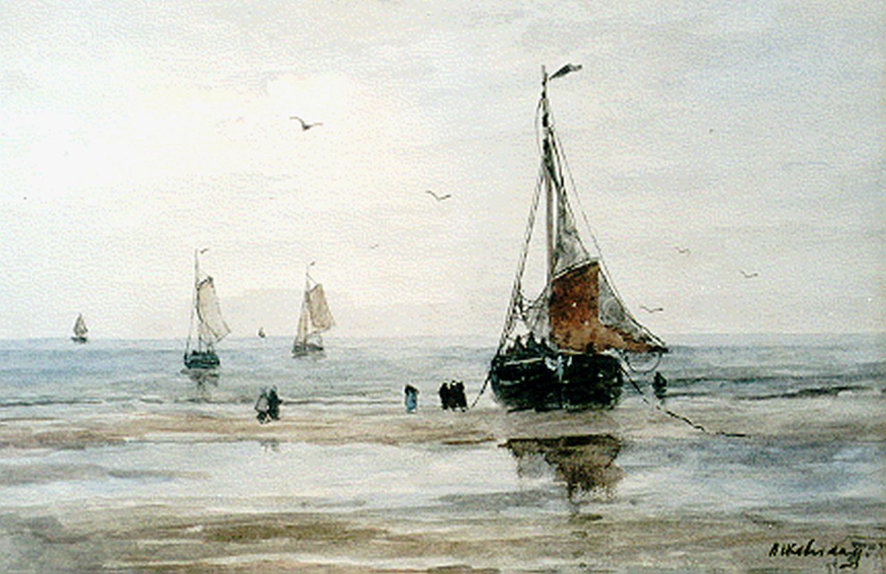 Mesdag H.W.  | Hendrik Willem Mesdag, Vissersbom op het strand, aquarel op papier 26,7 x 36,8 cm, gesigneerd rechtsonder