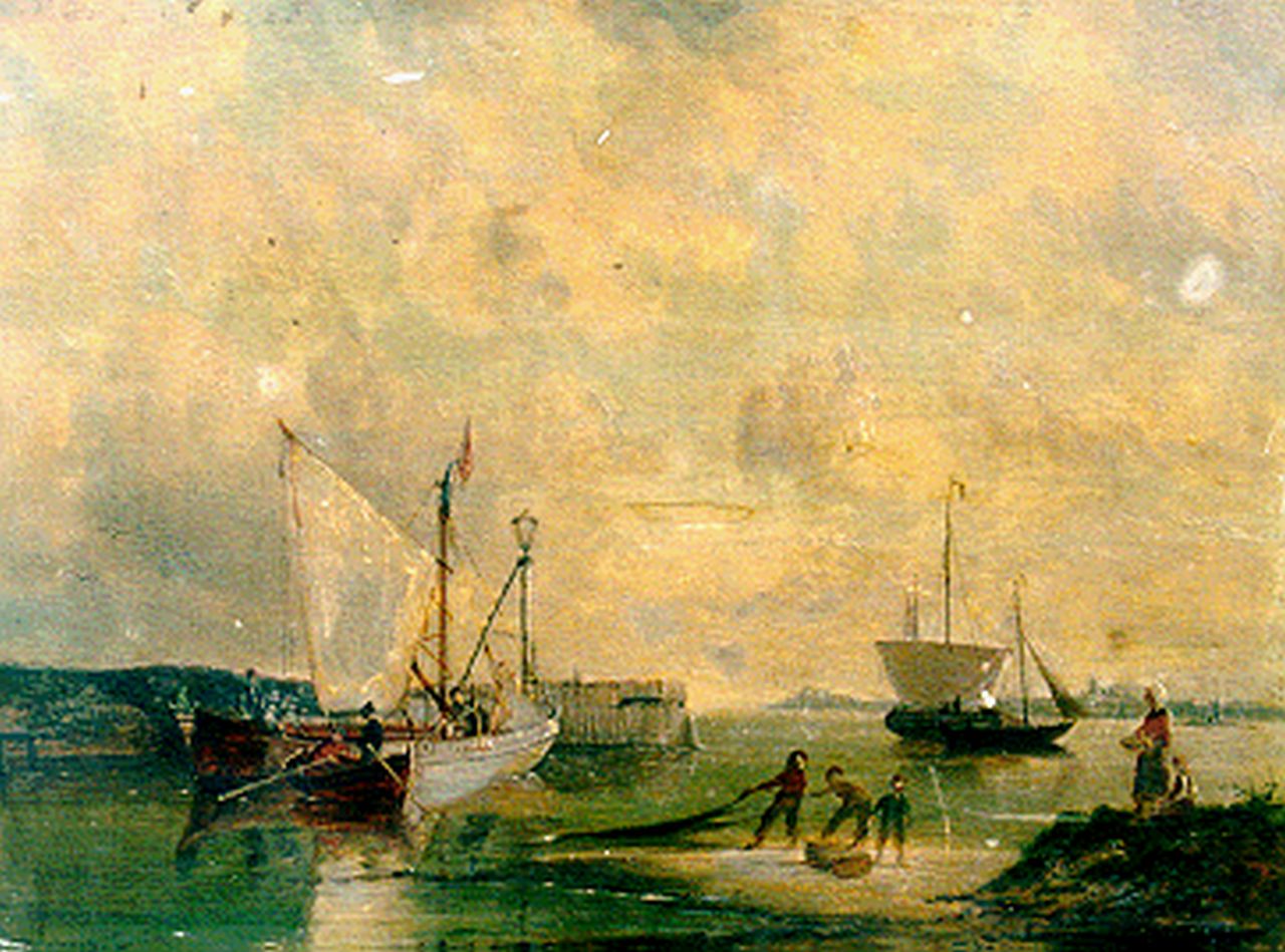 Dommershuijzen P.C.  | Pieter Cornelis Dommershuijzen, Schepen bij een havenhoofd, olieverf op paneel 30,3 x 40,9 cm, gesigneerd linksonder