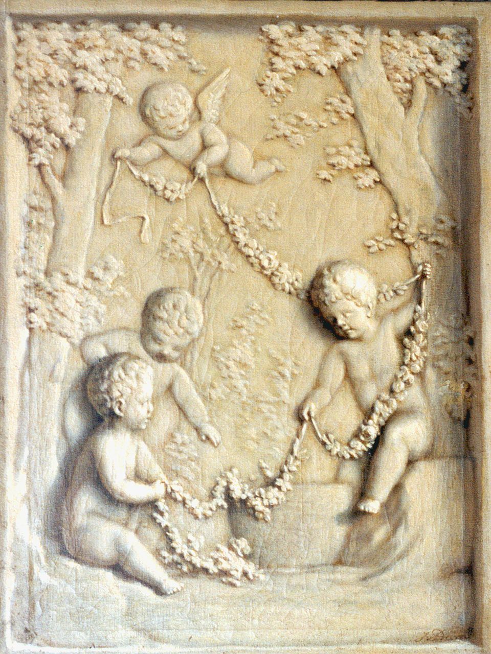 Dam J. van | Jan van Dam, Putti met een bloemenfestoen, olieverf op doek 53,3 x 40,3 cm, gesigneerd rechtsonder