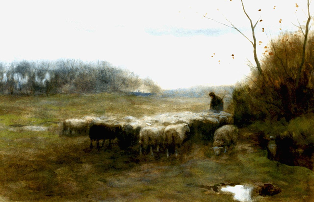 Steelink jr. W.  | Willem Steelink jr., Een schaapherder met zijn kudde, aquarel op papier 28,7 x 44,3 cm, gesigneerd linksonder + verso