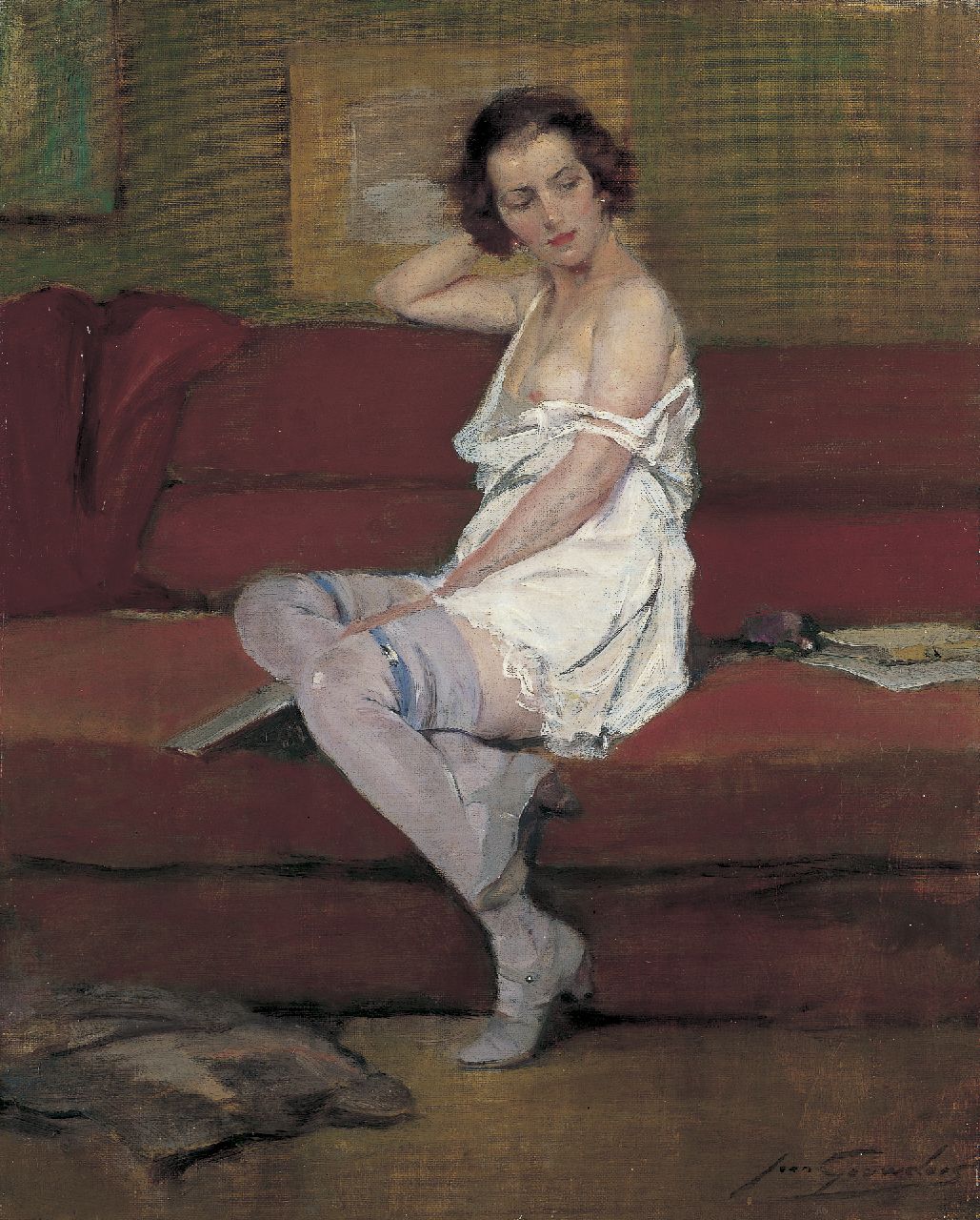 Gouweloos J.L.H.  | 'Jean' Léon Henri Gouweloos, Vrouw op een canapé, olieverf op doek 50,0 x 40,1 cm, gesigneerd rechtsonder
