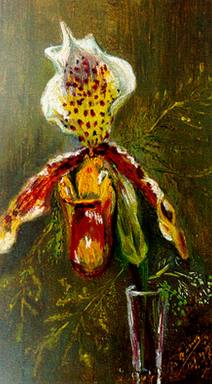 Maris M.  | Mies Maris, Orchideeën, olieverf op doek op schildersboard 22,0 x 12,7 cm, gesigneerd rechtsonder en gedateerd 12/1/1939