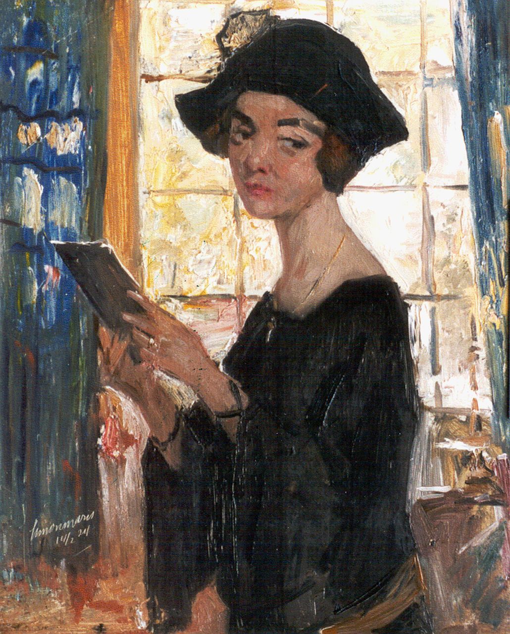 Maris S.W.  | Simon Willem Maris, Portret van een dame met brief, olieverf op paneel 46,0 x 37,3 cm, gesigneerd linksonder en gedateerd 14/2/24