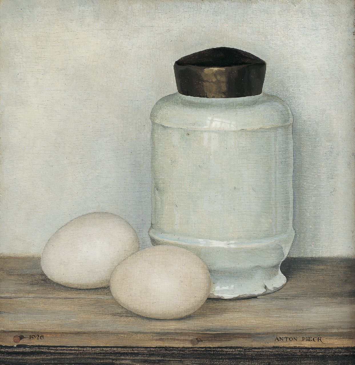 Pieck A.F.  | 'Anton' Franciscus Pieck, Wit potje met twee eieren, olieverf op paneel 20,5 x 20,0 cm, gesigneerd rechtsonder en gedateerd 1926