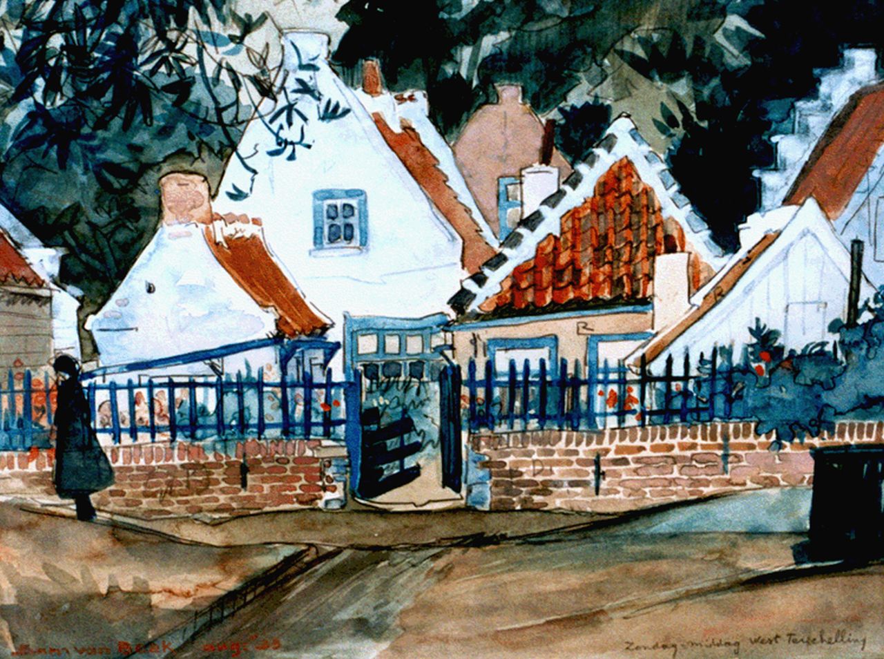 Beek S.J. van | Samuel Joseph 'Sam' van Beek, Zondagmiddag. West Terschelling, zwart krijt en aquarel op papier 21,5 x 27,8 cm, gesigneerd linksonder en gedateerd aug. '33