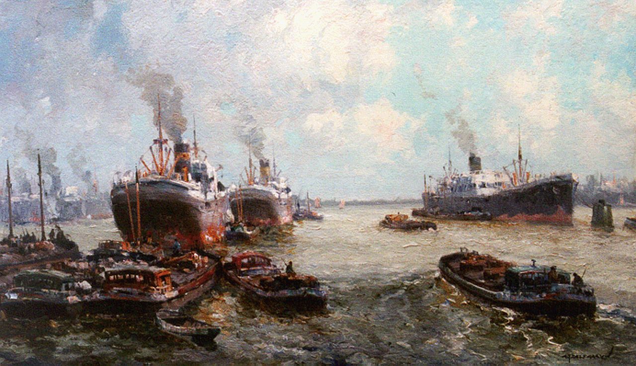 Delfgaauw G.J.  | Gerardus Johannes 'Gerard' Delfgaauw, De haven van Rotterdam, olieverf op doek 60,4 x 100,1 cm, gesigneerd rechtsonder