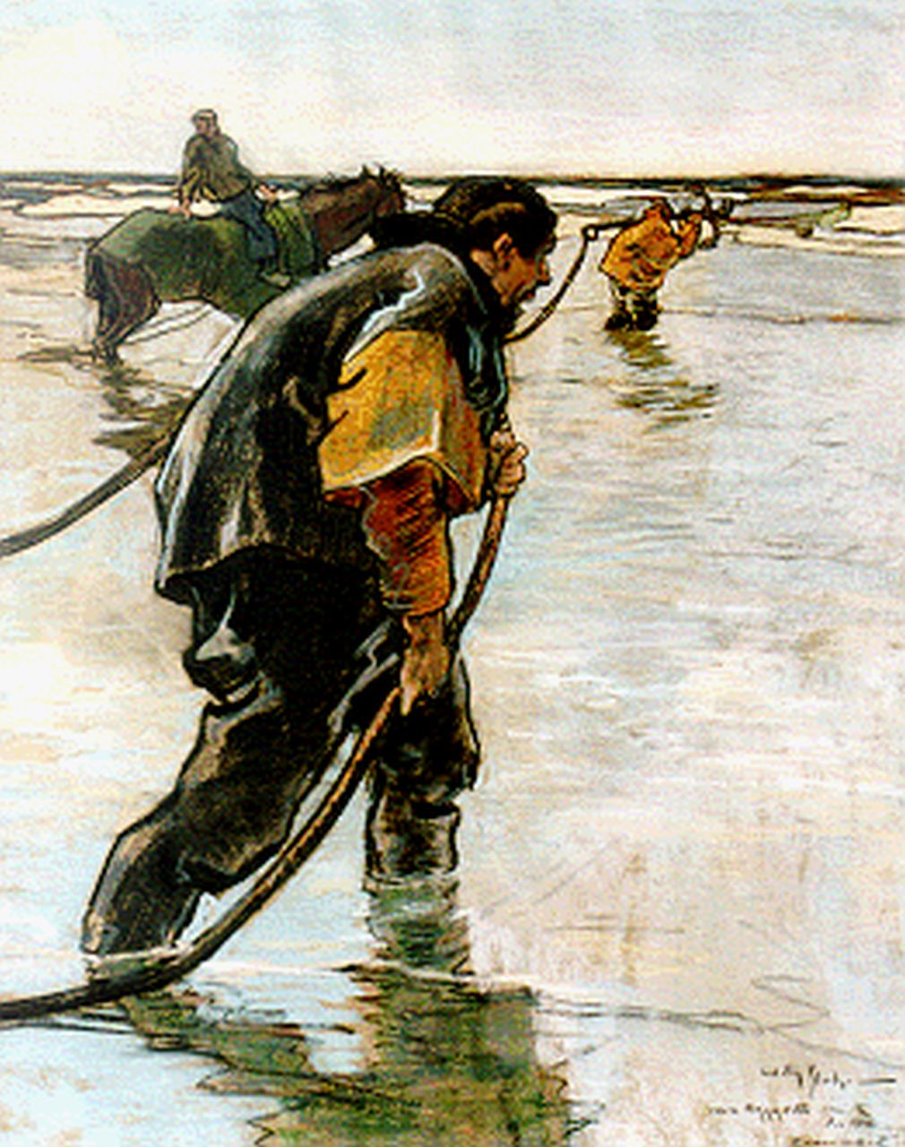 Sluiter J.W.  | Jan Willem 'Willy' Sluiter, Lijnhaalder op het strand, pastel op papier 48,0 x 38,5 cm, gesigneerd rechtsonder en gedateerd jan. 1915