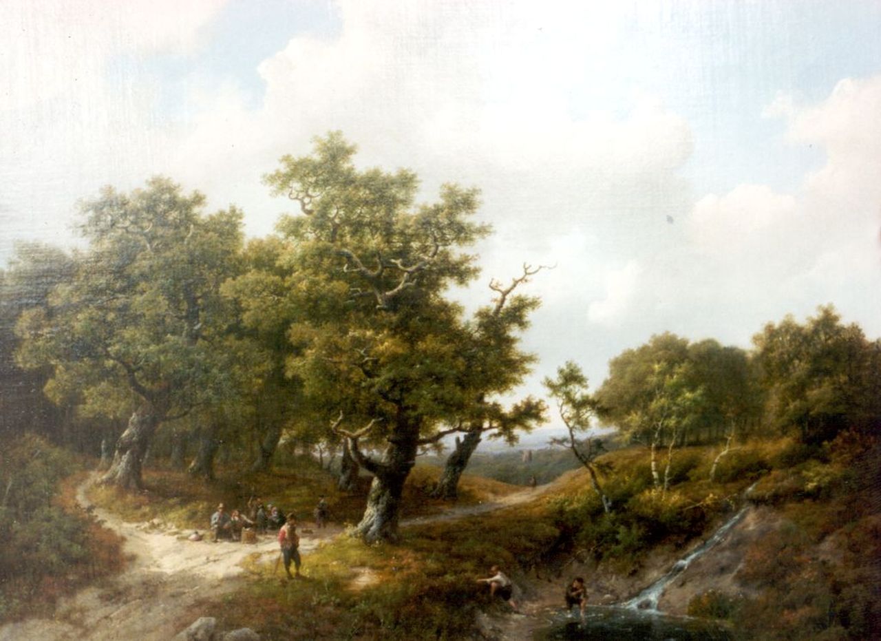 Koekkoek I M.A.  | Marinus Adrianus Koekkoek I, Boslandschap met landvolk, olieverf op doek op paneel 46,5 x 62,3 cm, gesigneerd linksonder en gedateerd 1861