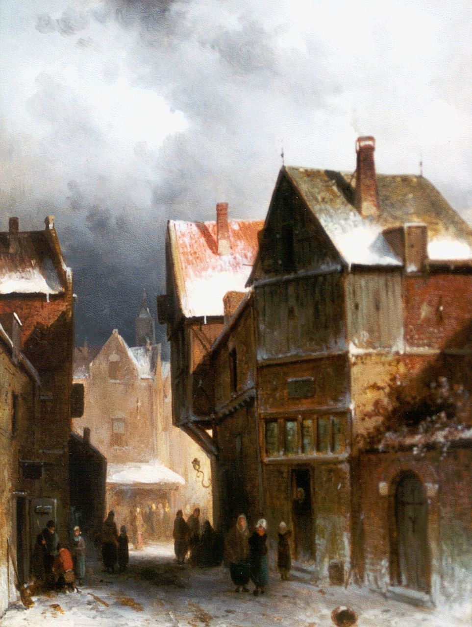 Leickert C.H.J.  | 'Charles' Henri Joseph Leickert, Stadsgezicht met figuren in de winter, olieverf op paneel 26,7 x 19,6 cm, gesigneerd rechtsonder