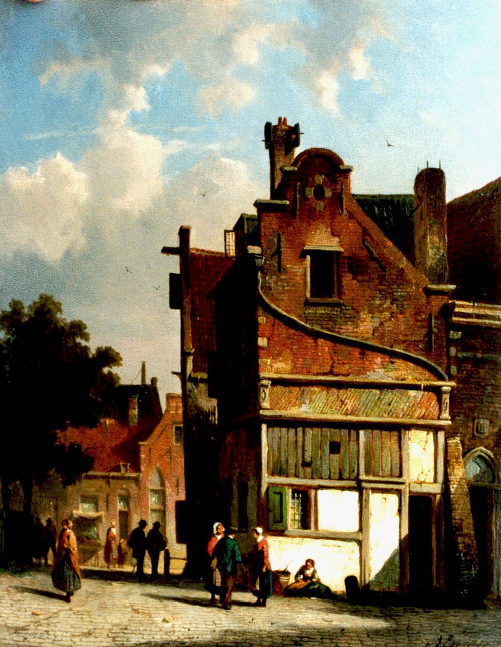 Eversen A.  | Adrianus Eversen, Een zomermiddag op straat, olieverf op paneel 27,5 x 21,2 cm, gesigneerd rechtsonder