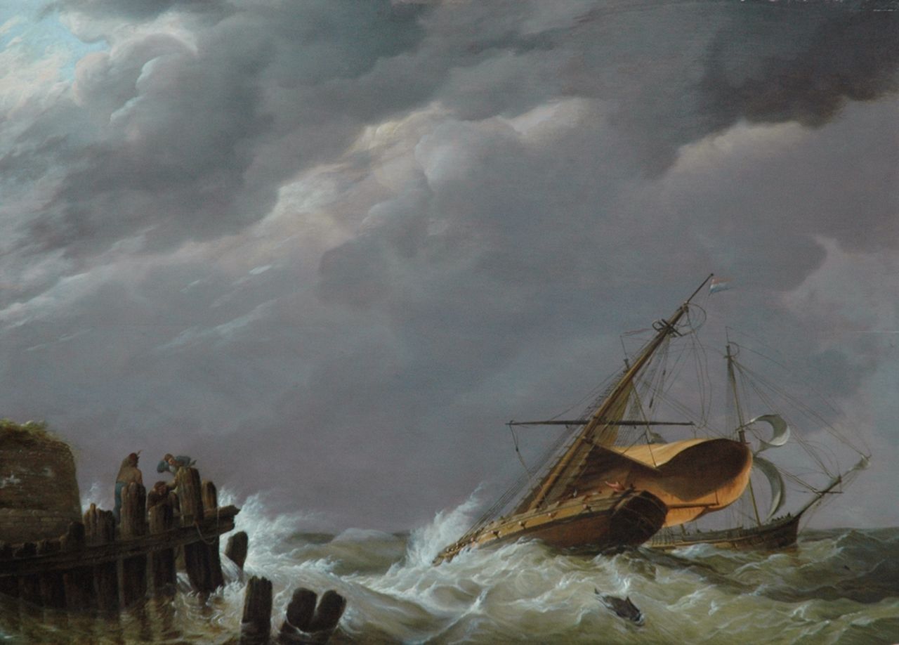 Koekkoek J.H.  | Johannes Hermanus Koekkoek, Hollandse schepen in een storm bij een havenhoofd, olieverf op paneel 44,9 x 62,1 cm, gesigneerd linksonder en gedateerd 1816