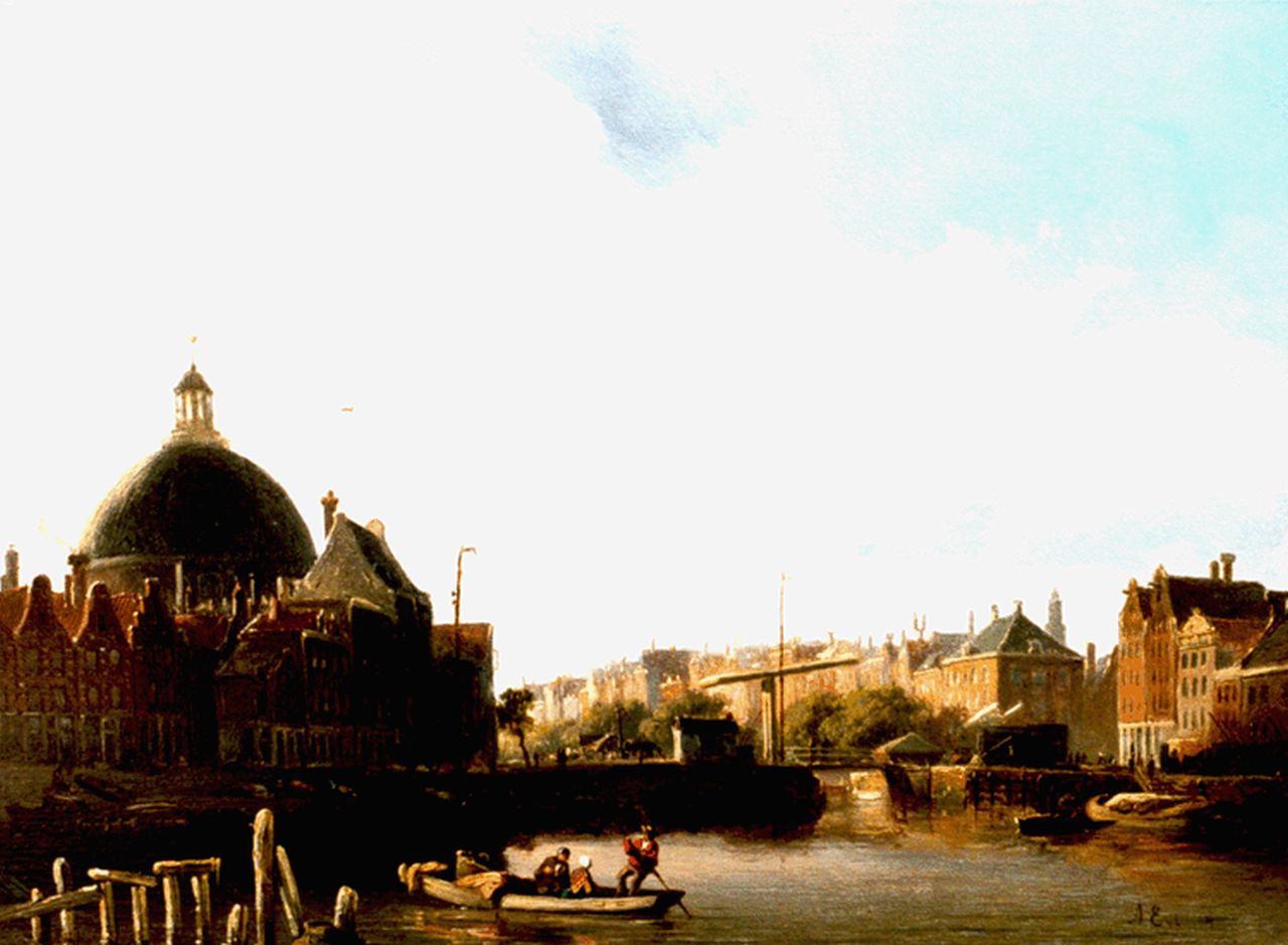 Eversen A.  | Adrianus Eversen, Pr. Hendrikkade en het Singel met Lutherse Kerk Amsterdam, olieverf op paneel 23,0 x 31,8 cm, gesigneerd rechtsonder