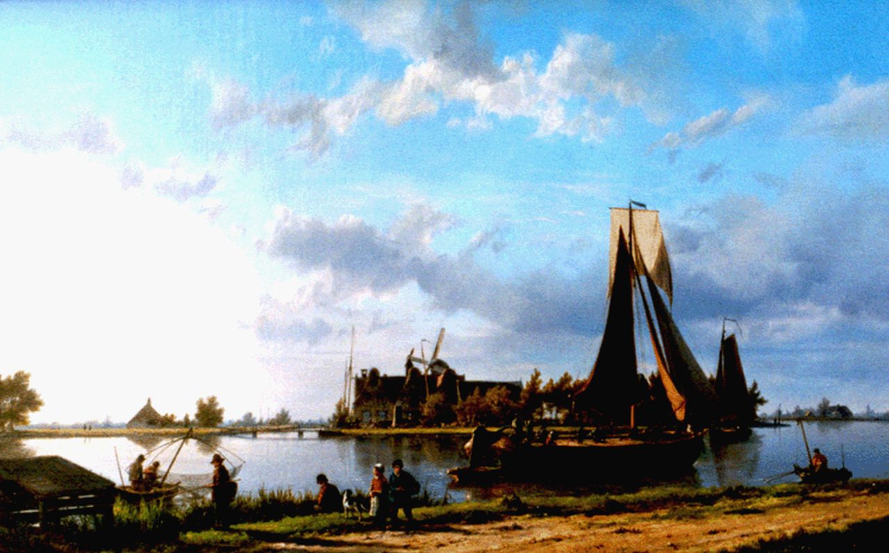 Koekkoek H.  | Hermanus Koekkoek, Rivierlandschap met zeilschepen en vissers, olieverf op doek 36,2 x 57,0 cm, gesigneerd rechtsonder