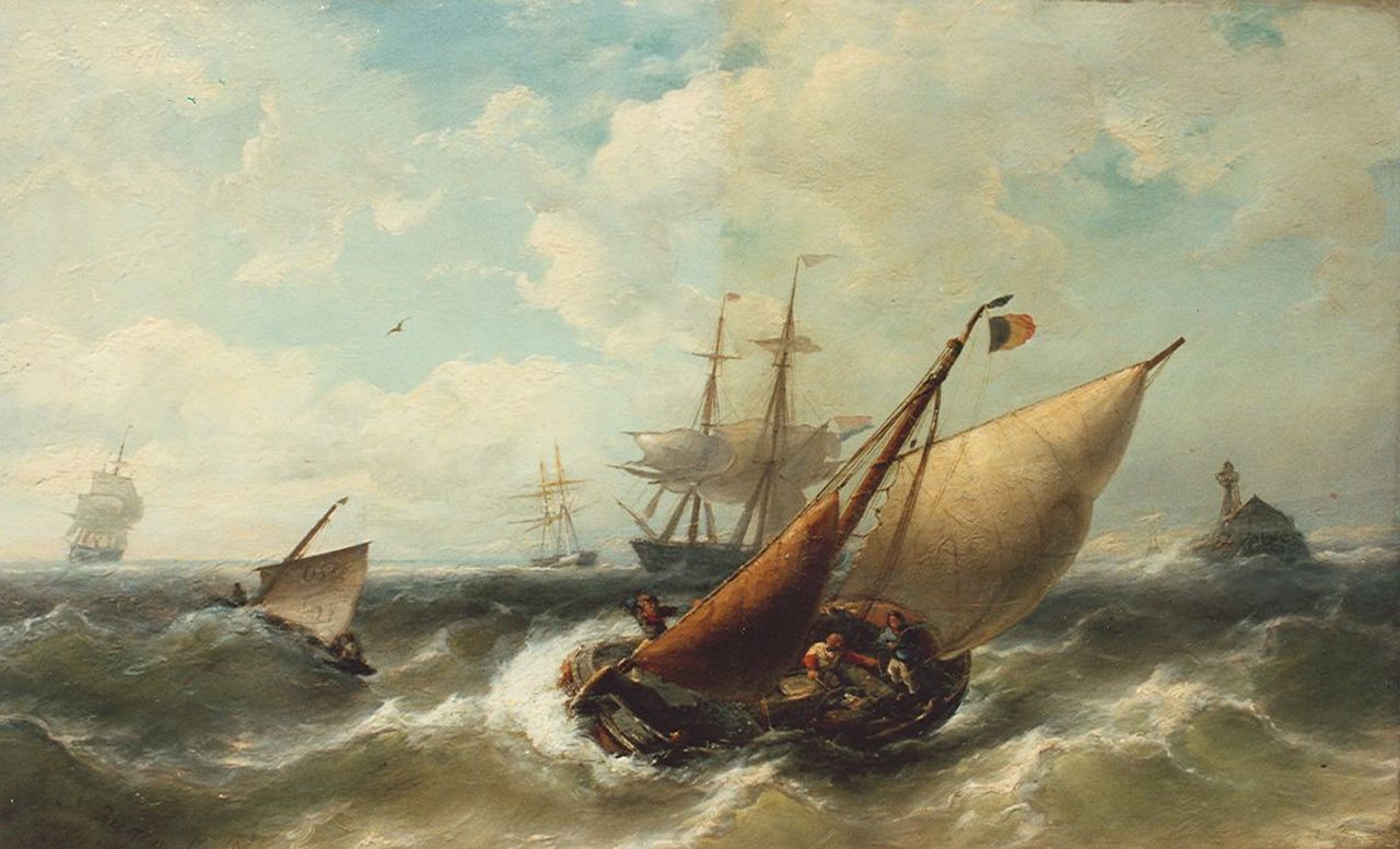 Riegen N.  | Nicolaas Riegen, Boten op woelige zee, olieverf op doek 44,0 x 72,0 cm, gesigneerd linksonder en gedateerd 1886