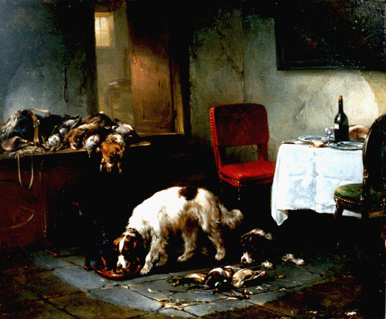 Verschuur W.  | Wouterus Verschuur, Honden na de jacht, olieverf op paneel 25,5 x 31,0 cm, gesigneerd linksonder