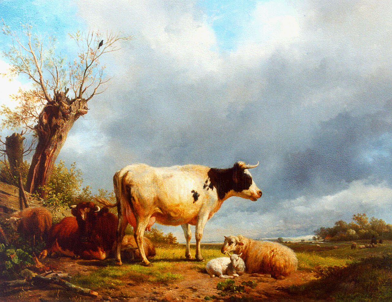 Sande Bakhuyzen H. van de | Hendrikus van de Sande Bakhuyzen, Koeien en schapen in een Hollands weidelandschap, olieverf op paneel 70,5 x 91,2 cm, gesigneerd linksonder en gedateerd 1839