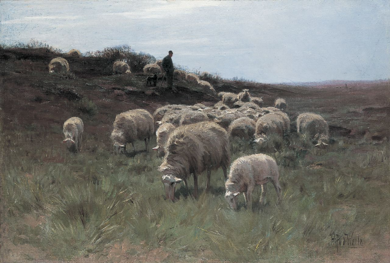 Weele H.J. van der | 'Herman' Johannes van der Weele, Herder met schaapskudde op de hei, olieverf op doek 58,7 x 86,9 cm, gesigneerd rechtsonder