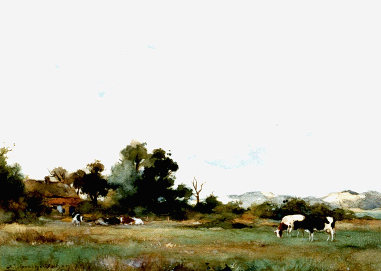 Groenewegen A.J.  | Adrianus Johannes Groenewegen, Koeien in een weide achter de duinen, aquarel en gouache op papier 23,0 x 31,2 cm, gesigneerd linksonder