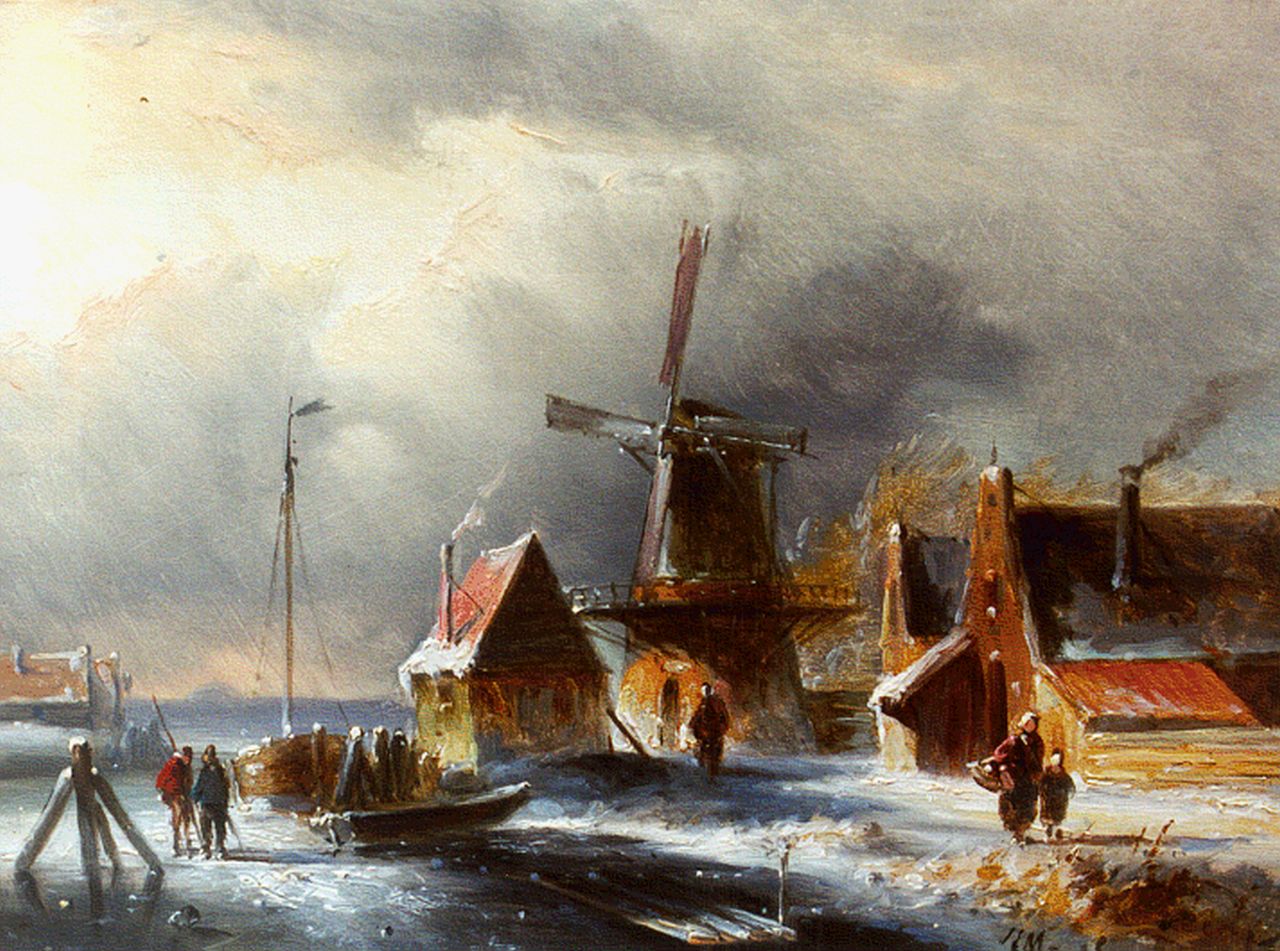 Morel II J.E.  | Jan Evert Morel II, Winterlandschap met figuren bij een molen, olieverf op paneel 15,9 x 21,5 cm, gesigneerd rechtsonder