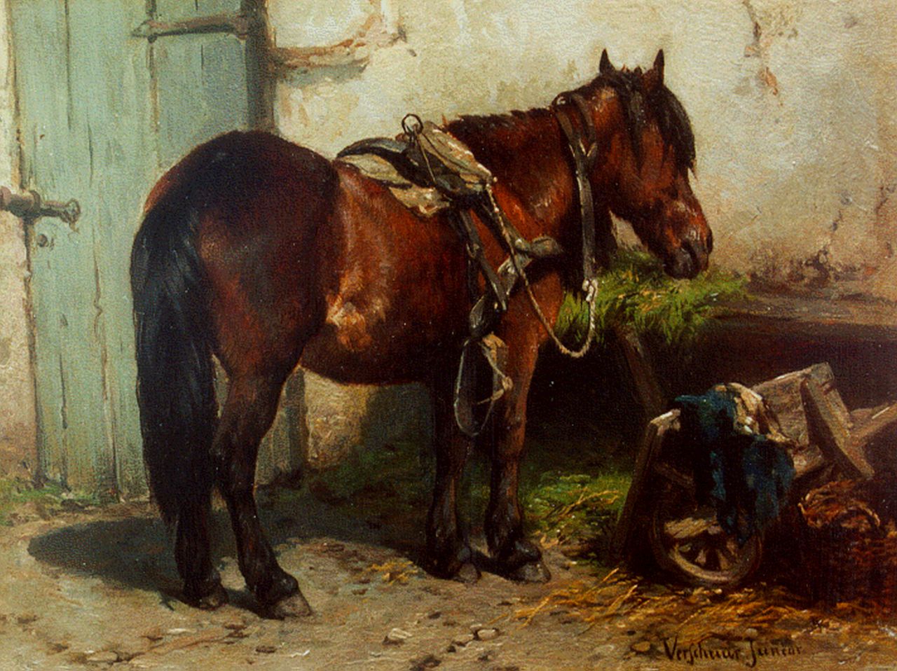 Verschuur jr. W.  | Wouter Verschuur jr., Een paard bij de stal, olieverf op paneel 15,2 x 20,3 cm, gesigneerd rechtsonder