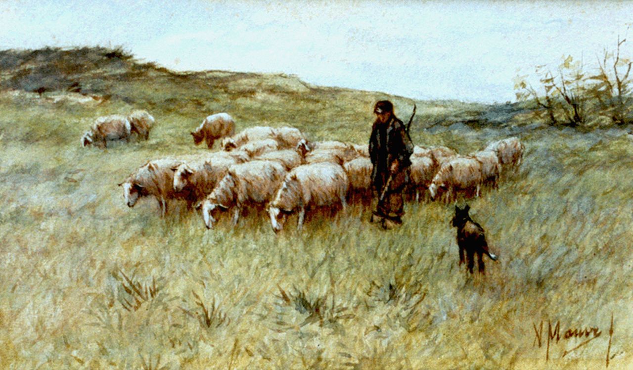 Mauve A.  | Anthonij 'Anton' Mauve, Een schaapherder met zijn kudde, aquarel op papier 14,6 x 24,4 cm, gesigneerd rechtsonder
